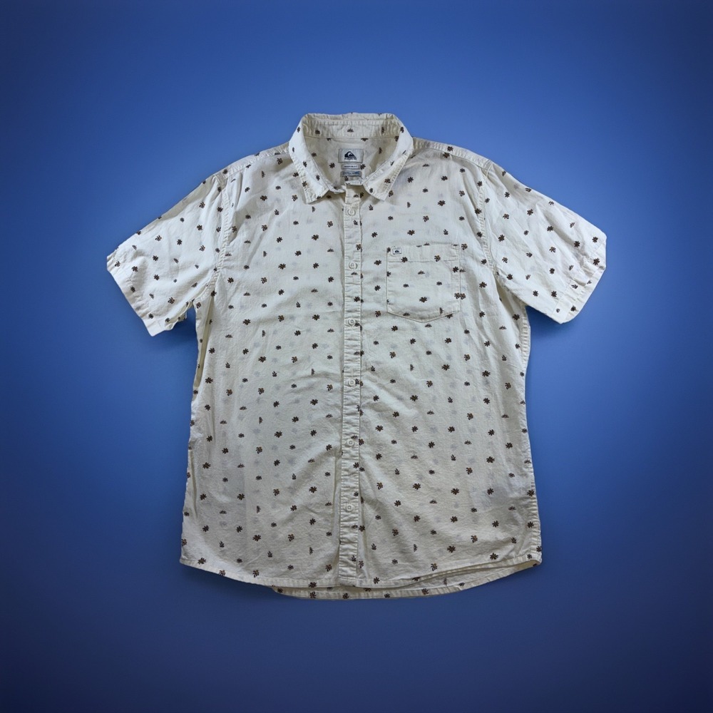 Quiksilver Mens XL Regular Fit Short Sleeve Button Down Shirt Floral Print Cream
